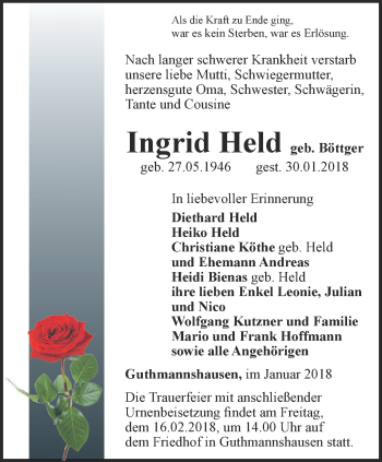 Traueranzeige von Ingrid Held von Thüringer Allgemeine