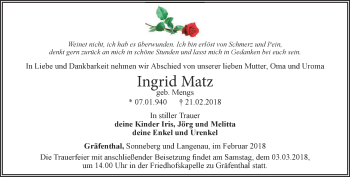 Traueranzeige von Ingrid Matz von Ostthüringer Zeitung