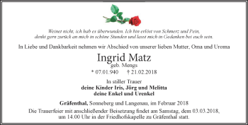 Traueranzeige von Ingrid Matz