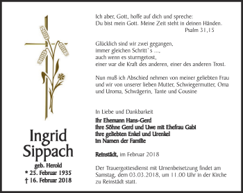 Traueranzeige von Ingrid Sippach von Ostthüringer Zeitung, Thüringische Landeszeitung