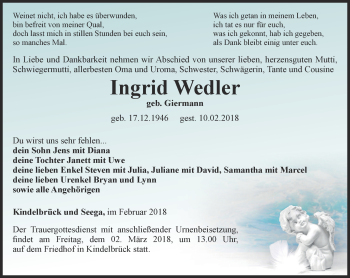 Traueranzeige von Ingrid Wedler von Thüringer Allgemeine