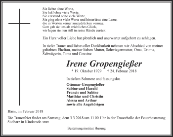 Traueranzeige von Irene Gropengießer von Thüringer Allgemeine