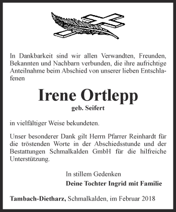 Traueranzeige von Irene Ortlepp von Ostthüringer Zeitung, Thüringische Landeszeitung