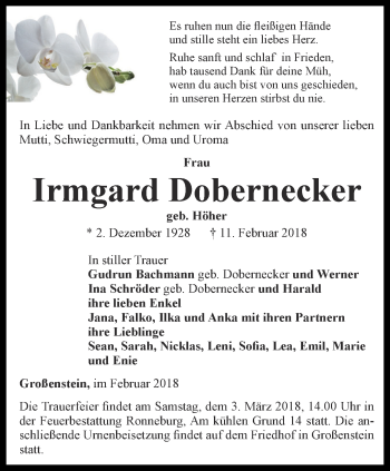 Traueranzeige von Irmgard Dobernecker von Ostthüringer Zeitung