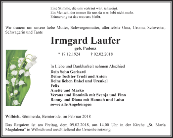 Traueranzeige von Irmgard Laufer von Thüringer Allgemeine