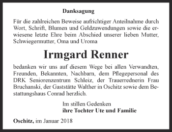 Traueranzeige von Irmgard Renner von Ostthüringer Zeitung