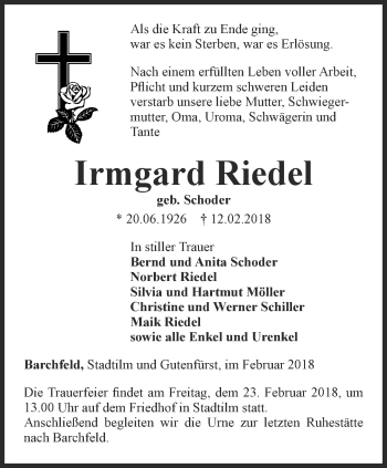 Traueranzeige von Irmgard Riedel von Thüringer Allgemeine, Thüringische Landeszeitung
