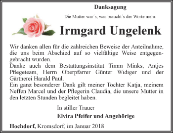 Traueranzeige von Irmgard Ungelenk von Thüringer Allgemeine, Thüringische Landeszeitung