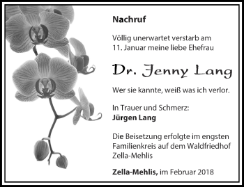 Traueranzeige von Jenny Lang von Thüringer Allgemeine
