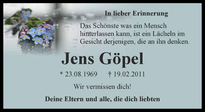  Traueranzeige für Jens Göpel vom 19.02.2018 aus Ostthüringer Zeitung