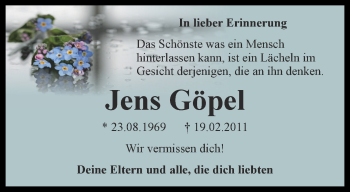 Traueranzeige von Jens Göpel von Ostthüringer Zeitung