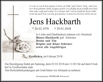 Traueranzeige von Jens Hackbarth von Thüringer Allgemeine