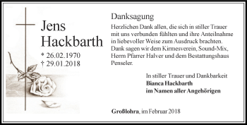 Traueranzeige von Jens Hackbarth von Thüringer Allgemeine