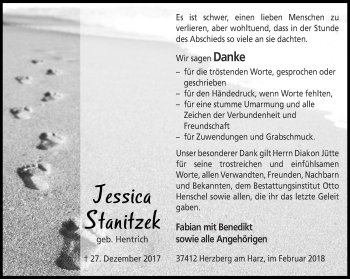 Traueranzeige von Jessica Stanitzek von Thüringer Allgemeine