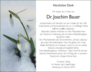 Traueranzeige von Joachim Bauer von Ostthüringer Zeitung