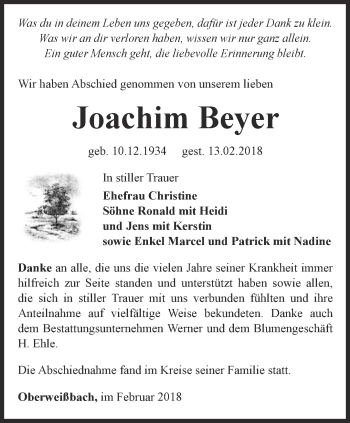 Traueranzeige von Joachim Beyer von Ostthüringer Zeitung