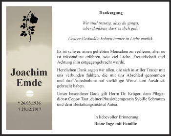 Traueranzeige von Joachim Emde von Ostthüringer Zeitung
