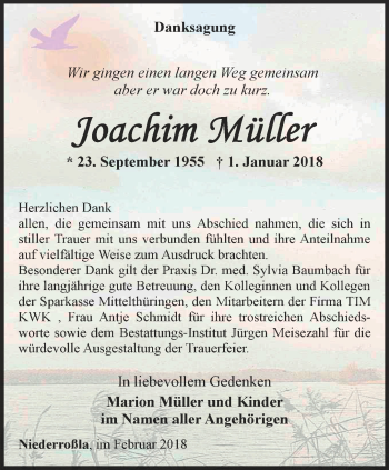 Traueranzeige von Joachim Müller von Thüringer Allgemeine, Thüringische Landeszeitung