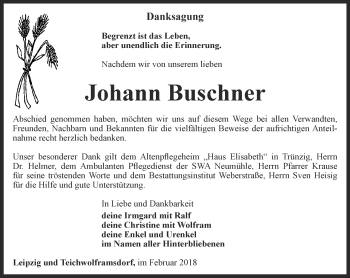 Traueranzeige von Johann Buschner