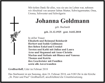 Traueranzeige von Johanna Goldmann von Thüringer Allgemeine