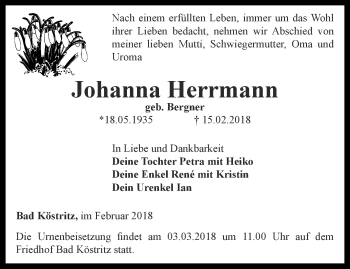 Traueranzeige von Johanna Herrmann