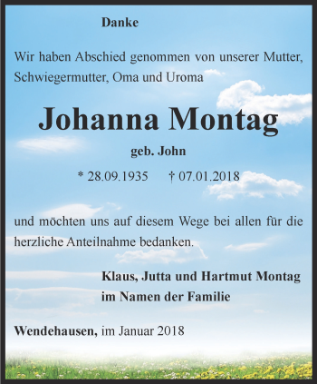 Traueranzeige von Johanna Montag von Thüringer Allgemeine, Thüringische Landeszeitung