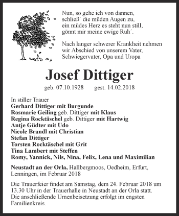 Traueranzeige von Josef Dittiger