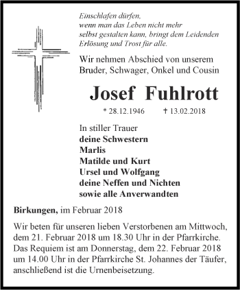 Traueranzeige von Josef Fuhlrott von Thüringer Allgemeine