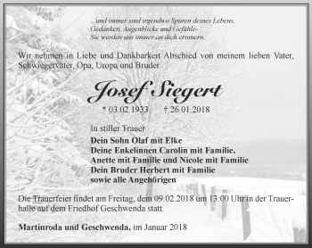 Traueranzeige von Josef Siegert von Thüringer Allgemeine