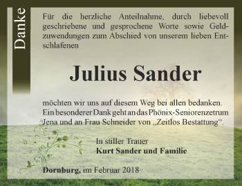 Traueranzeige von Julius Sander von Ostthüringer Zeitung, Thüringische Landeszeitung