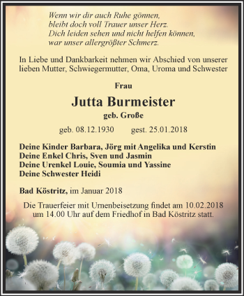 Traueranzeige von Jutta Burmeister von Ostthüringer Zeitung