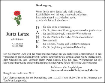 Traueranzeige von Jutta Lotze von Thüringer Allgemeine