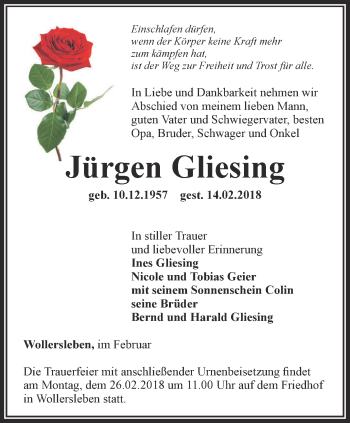 Traueranzeige von Jürgen Gliesing von Thüringer Allgemeine