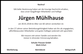 Traueranzeige von Jürgen Mühlhause von Thüringer Allgemeine, Thüringische Landeszeitung