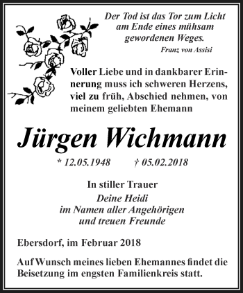 Traueranzeige von Jürgen Wichmann von Ostthüringer Zeitung