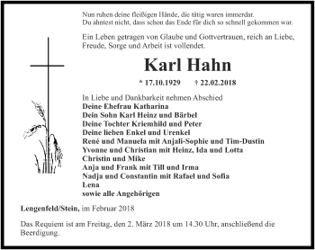 Traueranzeige von Karl Hahn von Thüringer Allgemeine, Thüringische Landeszeitung