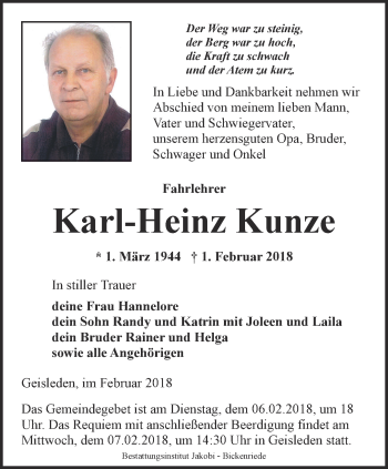 Traueranzeige von Karl-Heinz Kunze von Thüringer Allgemeine