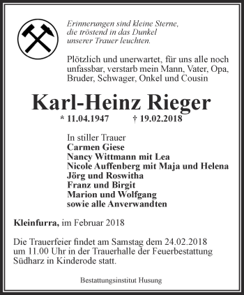 Traueranzeige von Karl-Heinz Rieger von Thüringer Allgemeine