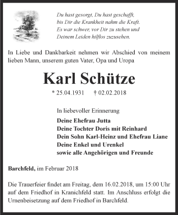 Traueranzeige von Karl Schütze von Thüringer Allgemeine, Thüringische Landeszeitung