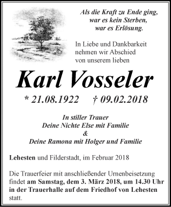 Traueranzeige von Karl Vosseler von Ostthüringer Zeitung