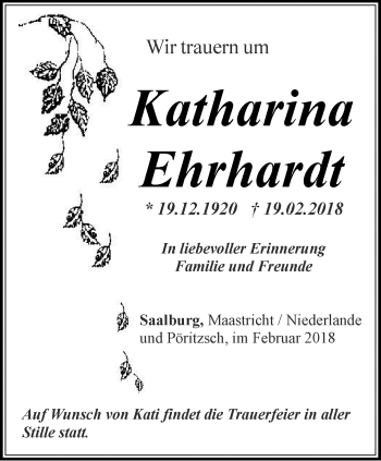 Traueranzeige von Katharina Ehrhardt von Ostthüringer Zeitung