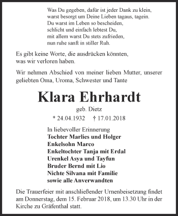 Traueranzeige von Klara Ehrhardt von Ostthüringer Zeitung