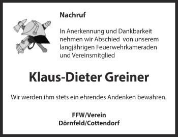 Traueranzeige von Klaus-Dieter Greiner von Thüringer Allgemeine