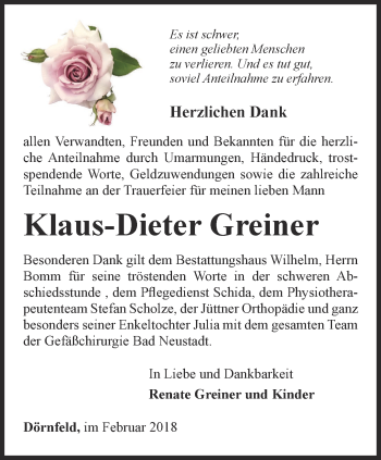 Traueranzeige von Klaus-Dieter Greiner von Thüringer Allgemeine