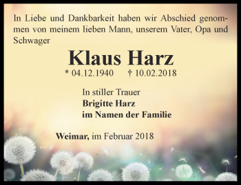 Traueranzeige von Klaus Harz von Thüringer Allgemeine, Thüringische Landeszeitung