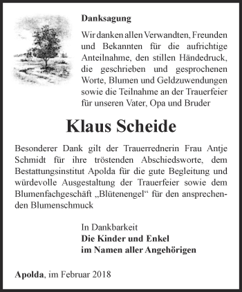 Traueranzeige von Klaus Scheide von Thüringer Allgemeine, Thüringische Landeszeitung