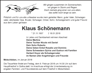 Traueranzeige von Klaus Schönemann von Ostthüringer Zeitung, Thüringische Landeszeitung