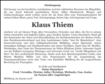 Traueranzeige von Klaus Thiem von Ostthüringer Zeitung, Thüringische Landeszeitung