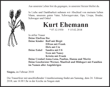 Traueranzeige von Kurt Ehemann von Thüringer Allgemeine