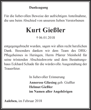 Traueranzeige von Kurt Gießler von Thüringer Allgemeine